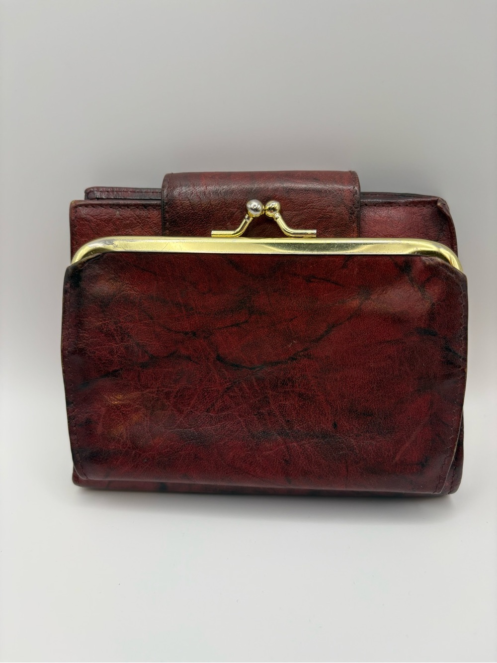 Buxton Deep Red Leather Kiss-Lock Wallet with Gold Hardware